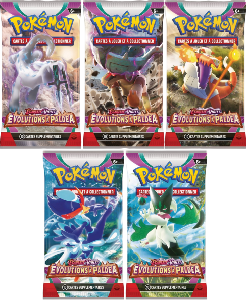 Pokémon - 5 Boosters - Ecarlate et Violet - Evolutions à Paldéa (EV02) - Modèle aléatoire - Français Sorti de display, tripack, blister, duo pack