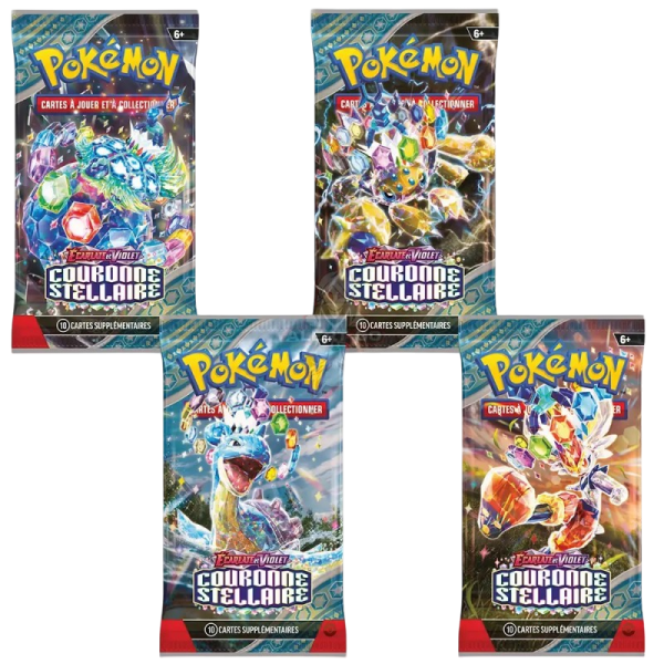 Pokémon - 4 Boosters - Ecarlate et Violet - Couronne Stellaire (EV07) - Modèle aléatoire - Français Sorti de display, tripack, blister, duo pack